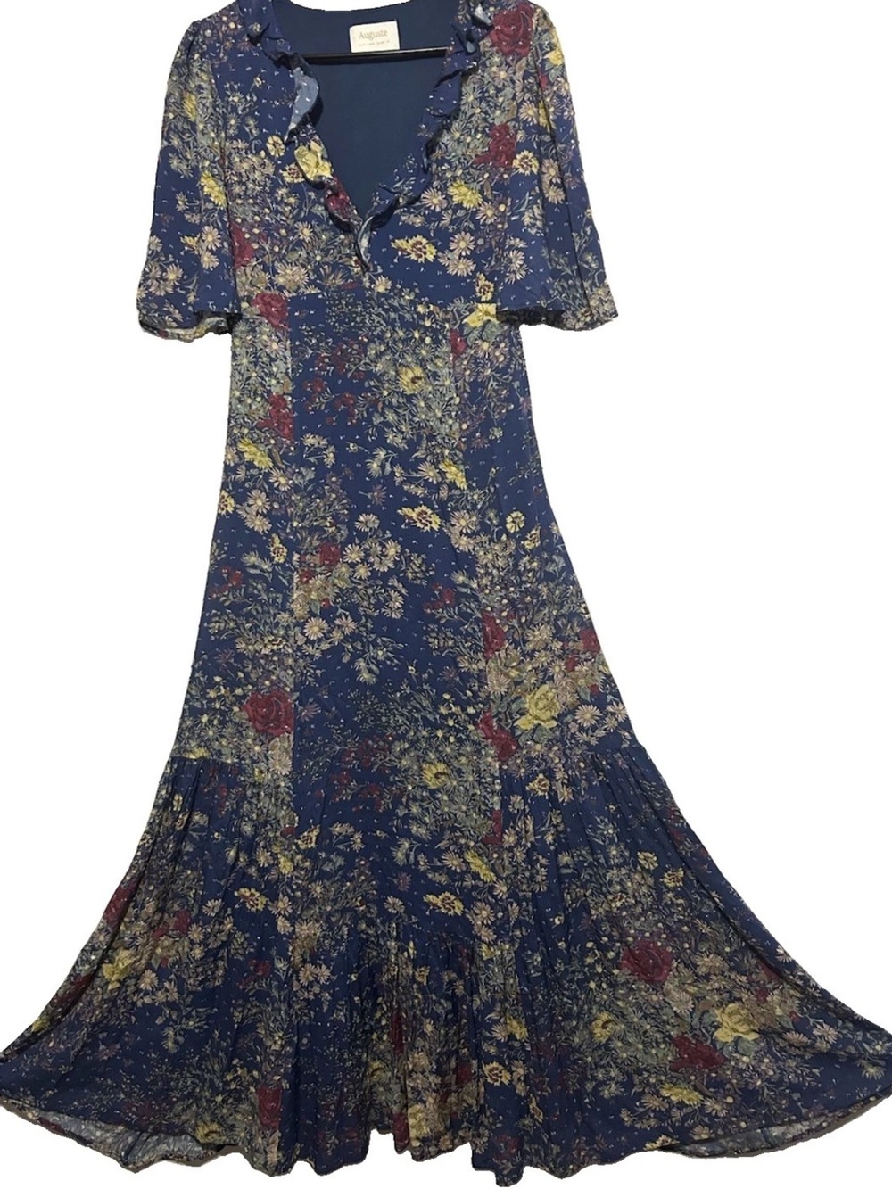 Auguste Dress 6 Blue Floral Tiered Boho Hippy Ruffles Ties In Back Coquette Maxi
